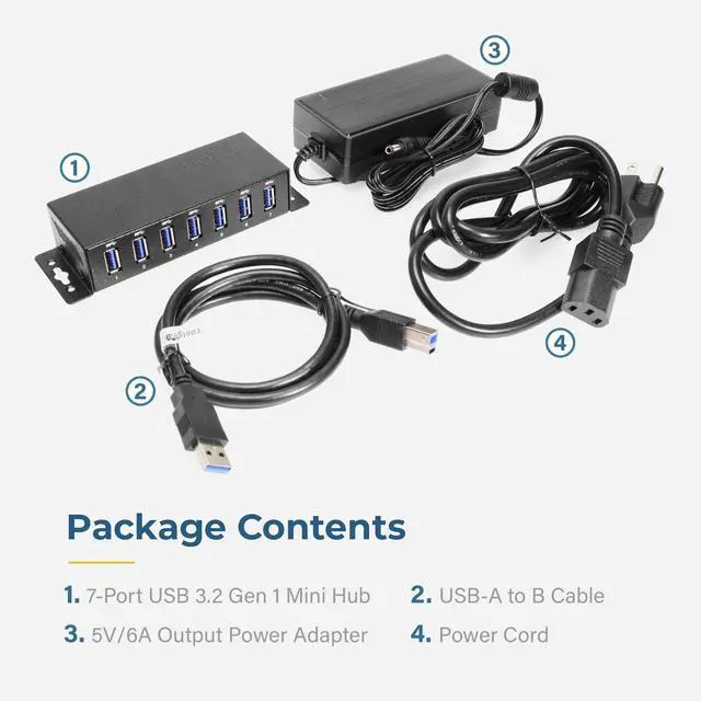 Alt view image 6 of 6 - Coolgear 7 Port USB 3.2 Gen 1 Mini Powered Hub w/ ESD Surge Protection & Power Adapter