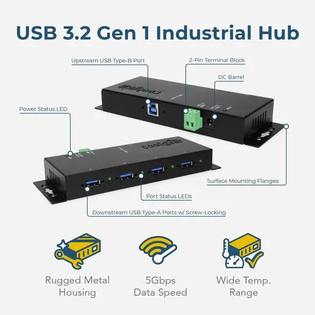 Alt view image 2 of 6 - Coolgear USB 3.2 Gen 1 4-Port Industrial Hub Metal Case with Screw Lock Cable Option - USB3-3X4M