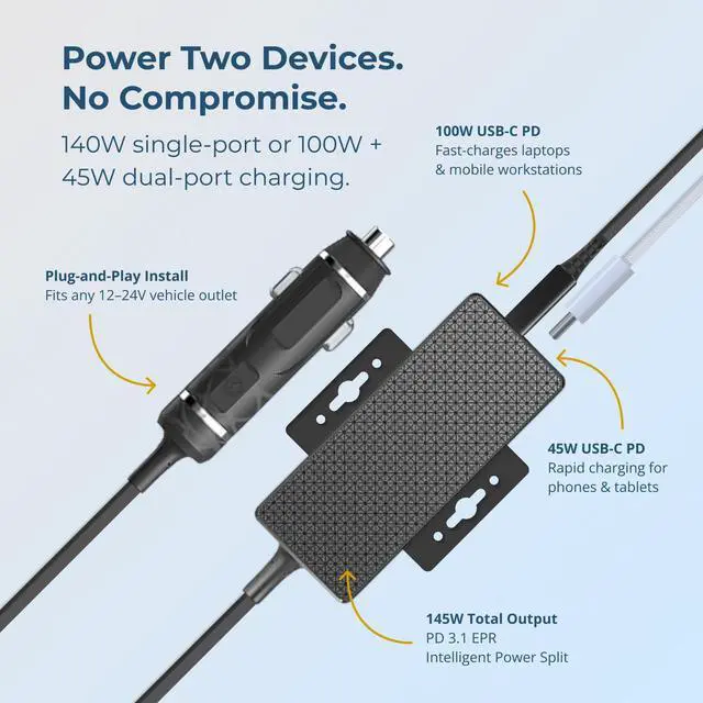 Alt view image 5 of 7 - 145W Dual USB-C PD 3.1 Vehicle Charger with Mountable Flanges