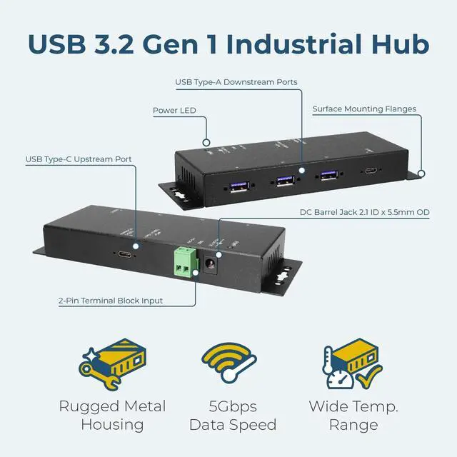 Alt view image 2 of 6 - Coolgear Industrial 4 Port USB 3.2 Gen 1 Type-C Power Delivery Hub w/Surge Protection, Variable Voltage Input & Surface Mountable