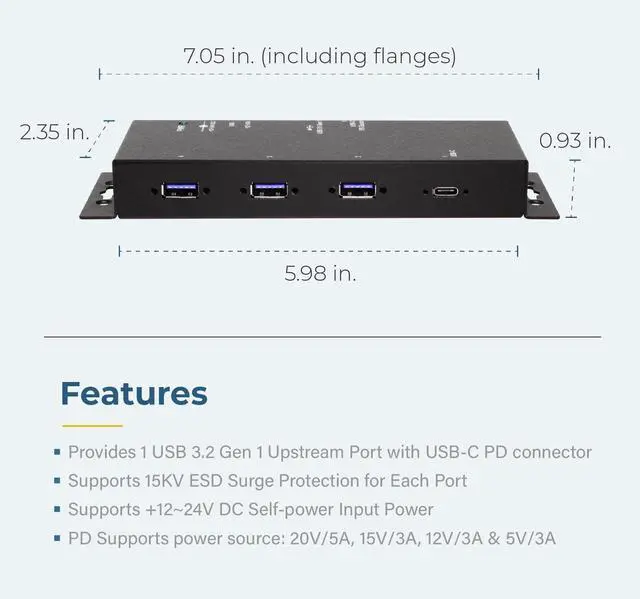 Alt view image 5 of 6 - Coolgear Industrial 4 Port USB 3.2 Gen 1 Type-C Power Delivery Hub w/Surge Protection, Variable Voltage Input & Surface Mountable