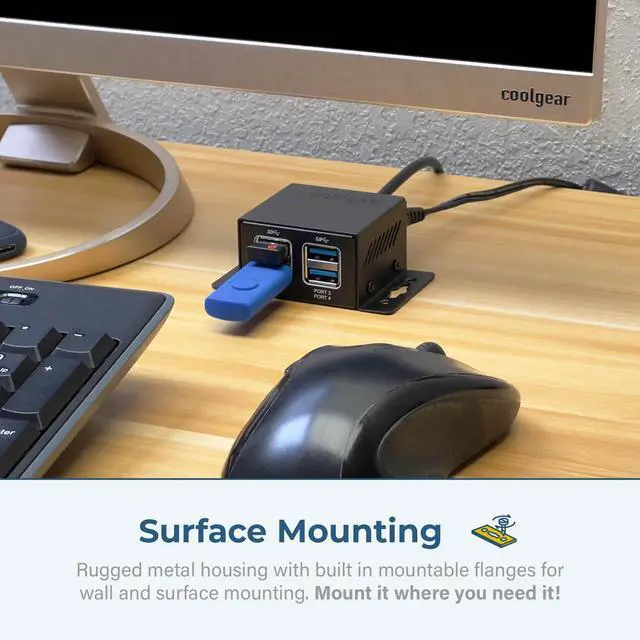 Alt view image 3 of 7 - Coolgear Ultra Compact 4 Port USB 3.2 Gen 1 Hub - 5Gbps Data - Ready for Discreet Installation in Office, Lab, Warehouse, Automation, Industrial Use