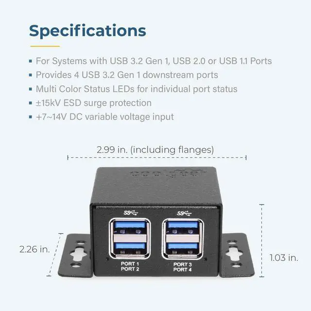 Alt view image 4 of 7 - Coolgear Ultra Compact 4 Port USB 3.2 Gen 1 Hub - 5Gbps Data - Ready for Discreet Installation in Office, Lab, Warehouse, Automation, Industrial Use