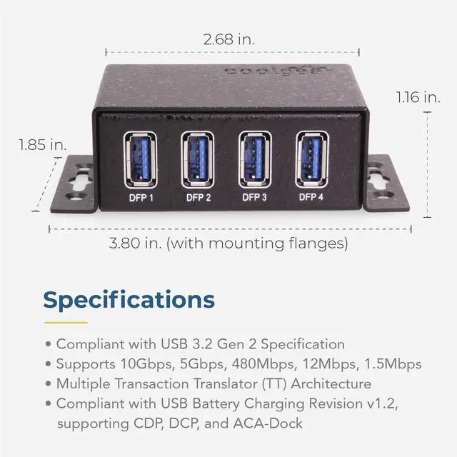 Alt view image 5 of 6 - Coolgear 4 Port USB 3.2 Gen 2 Mini Powered Hub w/ ESD Surge Protection & Power Adapter