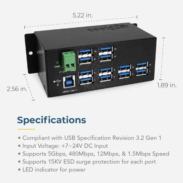 Alt view image 4 of 7 - Coolgear 12-Port USB 3.2 Gen1 w/15KV ESD Surge Protection DIN Rail Mount