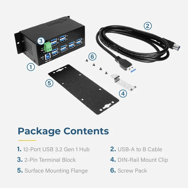 Alt view image 5 of 7 - Coolgear 12-Port USB 3.2 Gen1 w/15KV ESD Surge Protection DIN Rail Mount