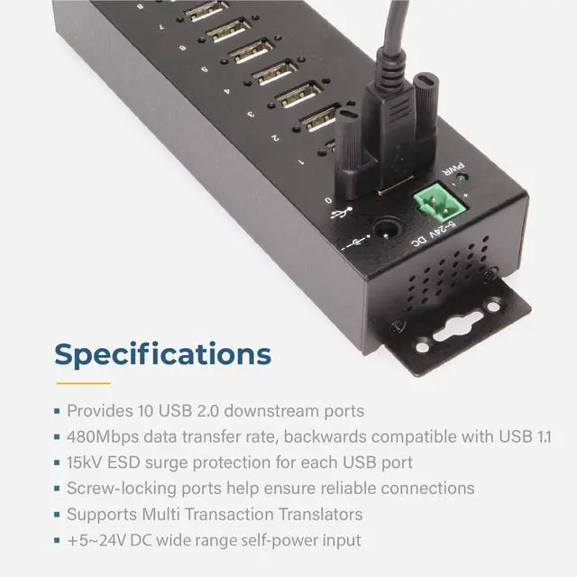 Alt view image 4 of 6 - Coolgear 10 Port USB 2.0 Industrial Hub - Screw Lock USB Ports for Secure Connections, DIN Rail & Wall Mount, 5-24V DC Power Input, 15KV ESD Protection - Ideal for POS, Kiosks & Automation