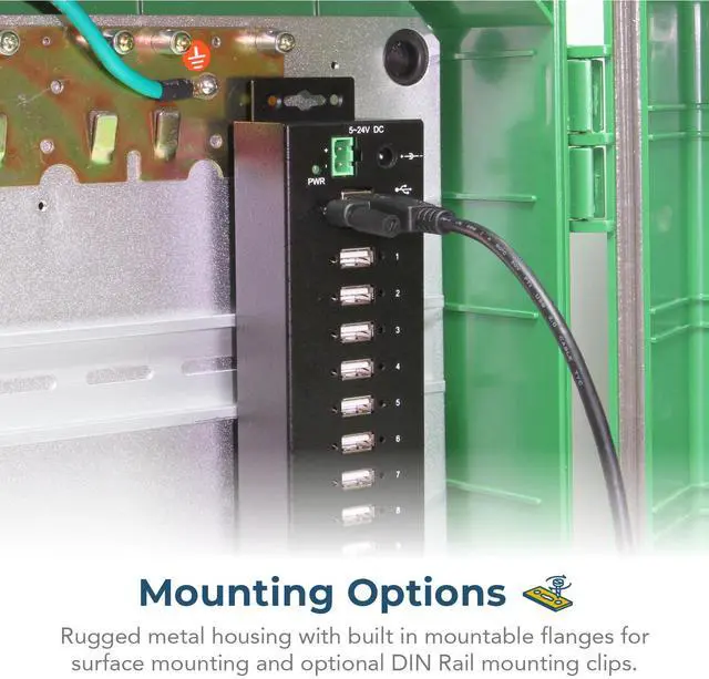 Alt view image 3 of 6 - Coolgear 10 Port USB 2.0 Industrial Hub - Screw Lock USB Ports for Secure Connections, DIN Rail & Wall Mount, 5-24V DC Power Input, 15KV ESD Protection - Ideal for POS, Kiosks & Automation