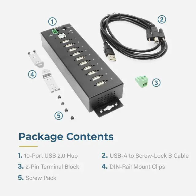 Alt view image 5 of 6 - Coolgear 10 Port USB 2.0 Industrial Hub - Screw Lock USB Ports for Secure Connections, DIN Rail & Wall Mount, 5-24V DC Power Input, 15KV ESD Protection - Ideal for POS, Kiosks & Automation