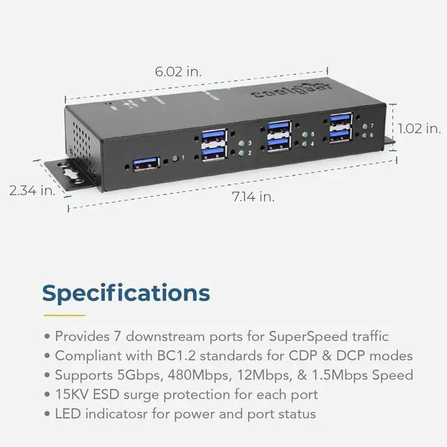 Alt view image 5 of 7 - Coolgear 7 Port USB 3.1 Gen1 Hub 15KV ESD Surge Protection w/Power Adapter