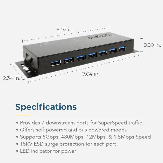 Alt view image 4 of 7 - Coolgear 7-Port USB 3.0 Hub w/ Surge Protection 36W AC Adapter