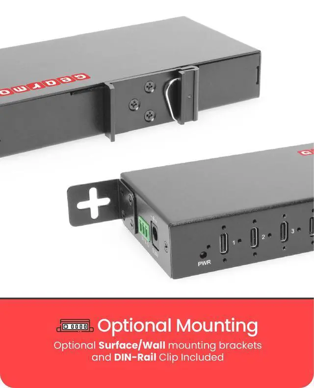 Alt view image 3 of 7 - Gearmo 7-Port USB 3.2 Gen 2 Type-C Industrial Surface & DIN-Rail Mount Hub w/ ESD Surge Protection
