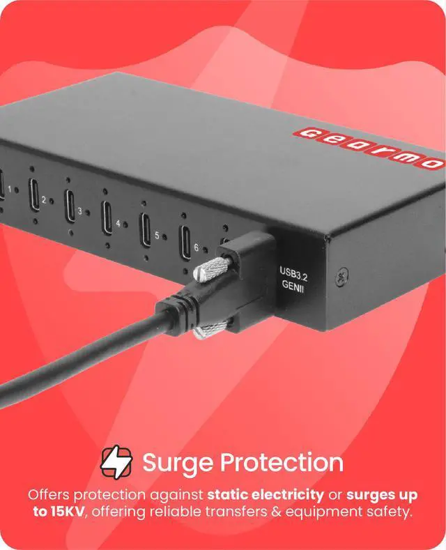 Alt view image 4 of 7 - Gearmo 7-Port USB 3.2 Gen 2 Type-C Industrial Surface & DIN-Rail Mount Hub w/ ESD Surge Protection