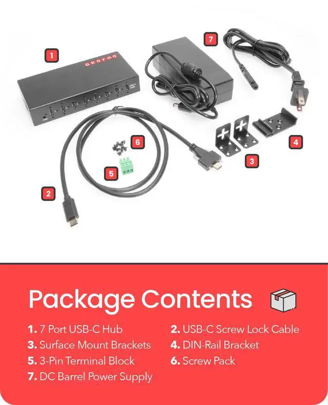 Alt view image 5 of 7 - Gearmo 7-Port USB 3.2 Gen 2 Type-C Industrial Surface & DIN-Rail Mount Hub w/ ESD Surge Protection