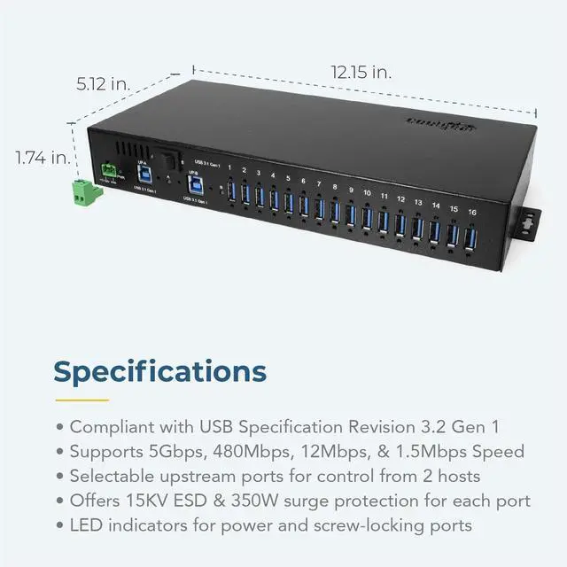 Alt view image 4 of 7 - Coolgear 16 Port USB 3.2 Hub with Dual Upstream Ports, Surge Protection, Screw Lock, Rack & DIN Rail Mounting