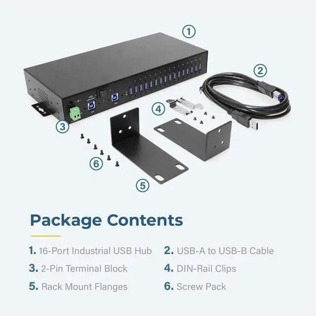 Alt view image 5 of 7 - Coolgear 16 Port USB 3.2 Hub with Dual Upstream Ports, Surge Protection, Screw Lock, Rack & DIN Rail Mounting