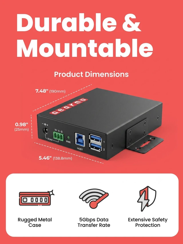 Alt view image 3 of 7 - Gearmo 10-Port USB 3.2 Gen 1 Hub, 5Gbps, Rugged Metal Housing, DIN Rail Compatible, Includes Power Adapter and Mounting Hardware