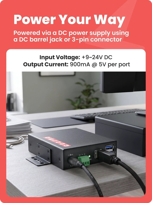 Alt view image 5 of 7 - Gearmo 10-Port USB 3.2 Gen 1 Hub, 5Gbps, Rugged Metal Housing, DIN Rail Compatible, Includes Power Adapter and Mounting Hardware