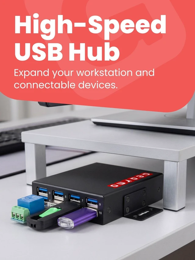 Alt view image 2 of 7 - Gearmo 10-Port USB 3.2 Gen 1 Hub, 5Gbps, Rugged Metal Housing, DIN Rail Compatible, Includes Power Adapter and Mounting Hardware