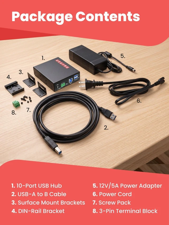 Alt view image 7 of 7 - Gearmo 10-Port USB 3.2 Gen 1 Hub, 5Gbps, Rugged Metal Housing, DIN Rail Compatible, Includes Power Adapter and Mounting Hardware