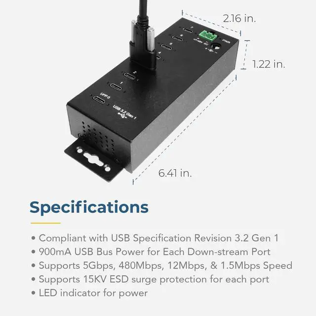 Alt view image 5 of 6 - Coolgear 7-port USB-C 3.2 Hub w/ 15KV ESD Surge Protection DIN RAIL Mount