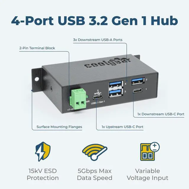 Alt view image 2 of 7 - Coolgear USB C Hub 4 Port USB 3.1 Gen1 SuperSpeed USB C Upstream