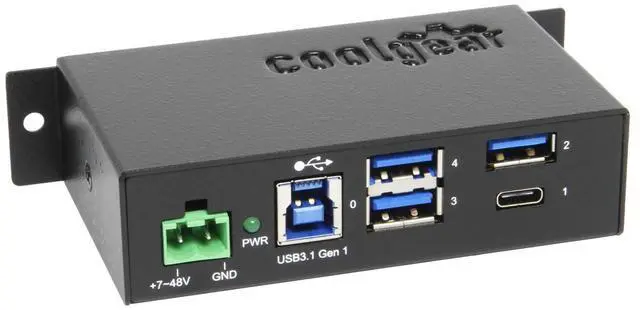 Main image of Coolgear 4-Port USB A and USB C 3.1 Gen 1 Hub, SuperSpeed 5 Gb/s, Industrial Metal Enclosure, ESD Protection, Wall and Din Mountable