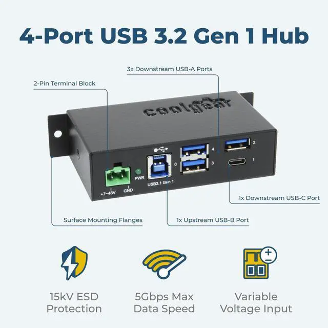 Alt view image 2 of 7 - Coolgear 4-Port USB A and USB C 3.1 Gen 1 Hub, SuperSpeed 5 Gb/s, Industrial Metal Enclosure, ESD Protection, Wall and Din Mountable