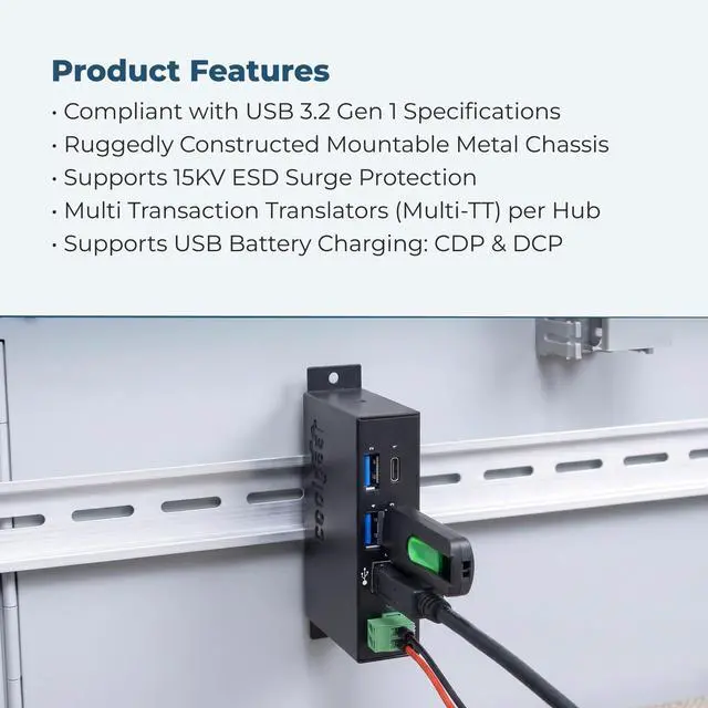 Alt view image 6 of 7 - Coolgear 4-Port USB A and USB C 3.1 Gen 1 Hub, SuperSpeed 5 Gb/s, Industrial Metal Enclosure, ESD Protection, Wall and Din Mountable