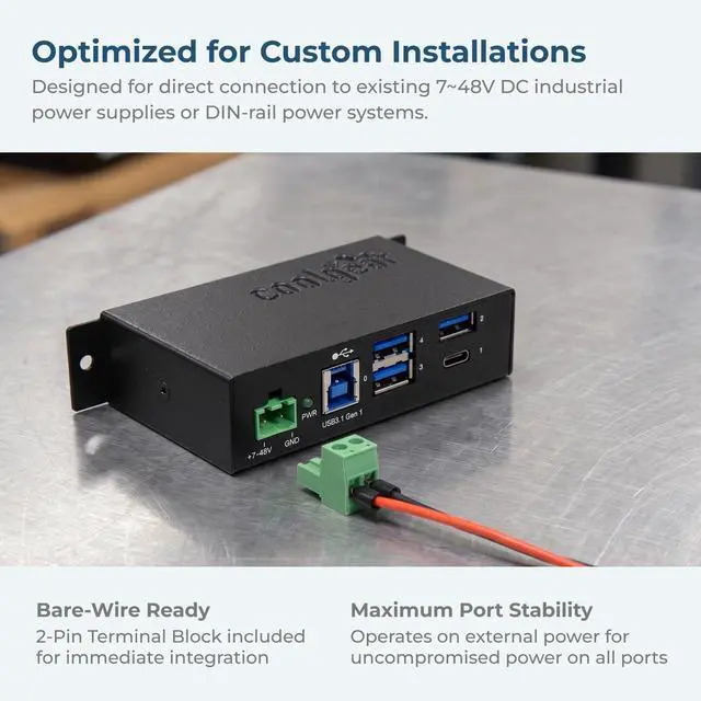 Alt view image 5 of 7 - Coolgear 4-Port USB A and USB C 3.1 Gen 1 Hub, SuperSpeed 5 Gb/s, Industrial Metal Enclosure, ESD Protection, Wall and Din Mountable