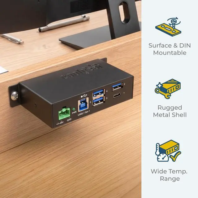 Alt view image 4 of 7 - Coolgear 4-Port USB A and USB C 3.1 Gen 1 Hub, SuperSpeed 5 Gb/s, Industrial Metal Enclosure, ESD Protection, Wall and Din Mountable