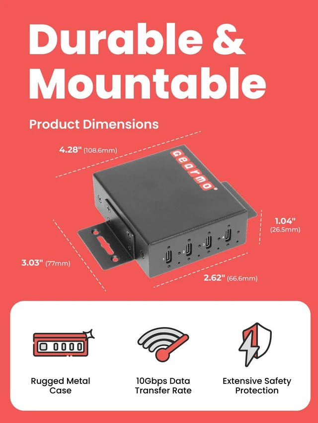 Alt view image 2 of 7 - Gearmo 4-Port Slim USB Hub - 10Gbps Speed, Type-C Ports, Surge Protection, Flexible Mounting Options and Sleek Low Profile Design for Workstations & More
