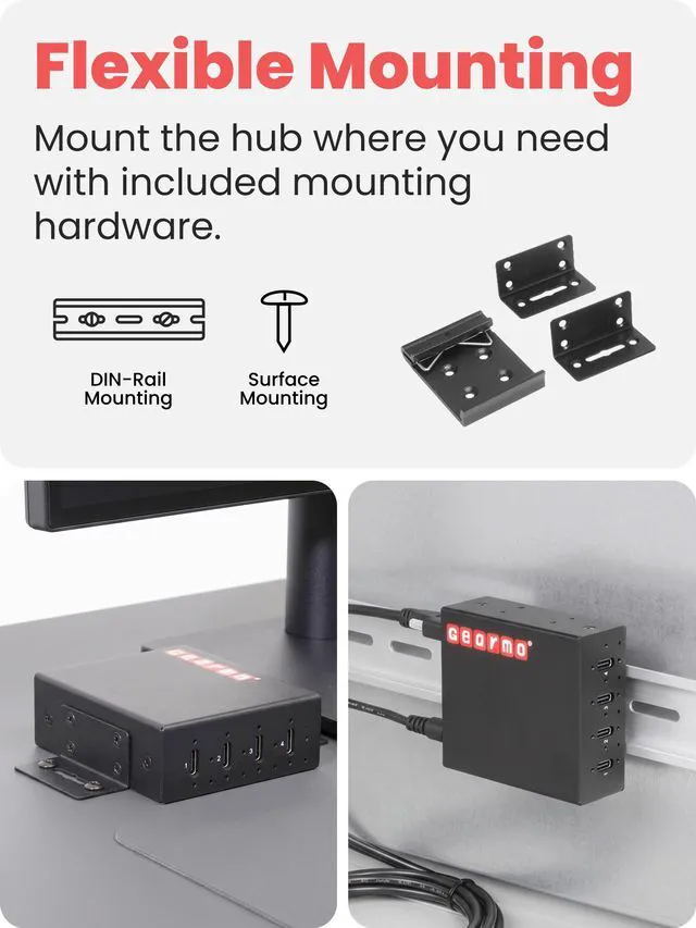 Alt view image 5 of 7 - Gearmo 4-Port Slim USB Hub - 10Gbps Speed, Type-C Ports, Surge Protection, Flexible Mounting Options and Sleek Low Profile Design for Workstations & More