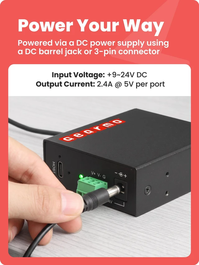 Alt view image 4 of 7 - Gearmo 4-Port Slim USB Hub - 10Gbps Speed, Type-C Ports, Surge Protection, Flexible Mounting Options and Sleek Low Profile Design for Workstations & More