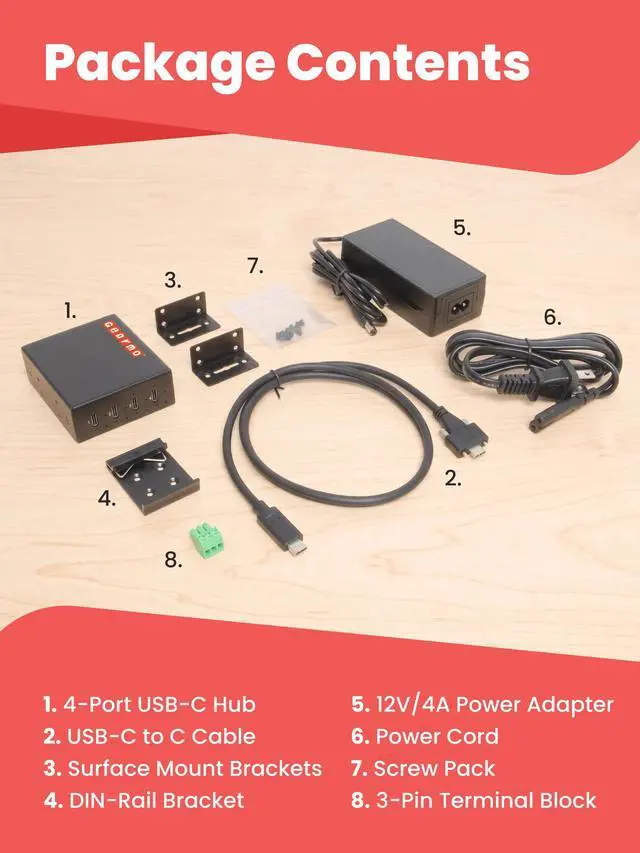 Alt view image 7 of 7 - Gearmo 4-Port Slim USB Hub - 10Gbps Speed, Type-C Ports, Surge Protection, Flexible Mounting Options and Sleek Low Profile Design for Workstations & More