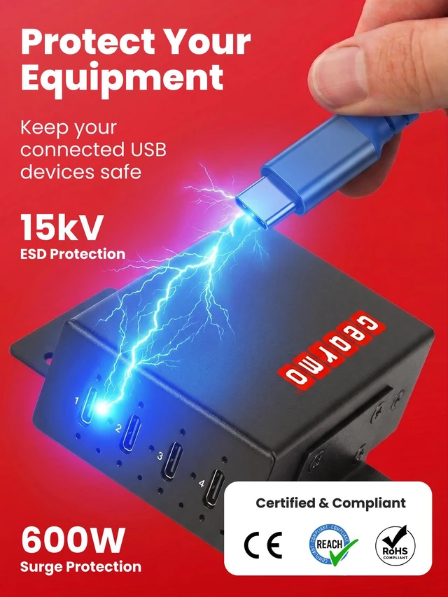 Alt view image 6 of 7 - Gearmo 4-Port Slim USB Hub - 10Gbps Speed, Type-C Ports, Surge Protection, Flexible Mounting Options and Sleek Low Profile Design for Workstations & More
