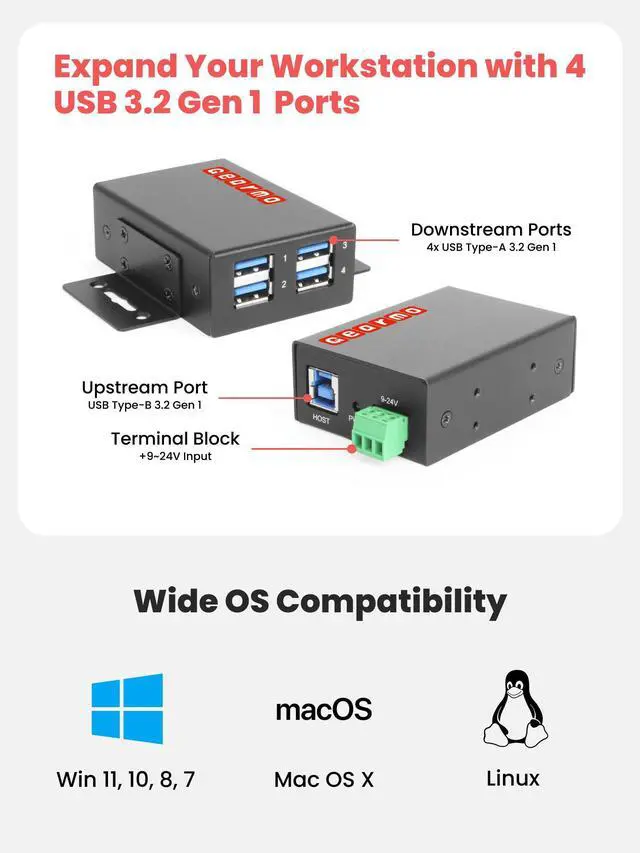 Alt view image 3 of 7 - Gearmo 4-Port Slim USB Hub - 5Gbps Speed, Type-A Ports, Surge Protection, Flexible Mounting Options and Sleek Low Profile Design for Workstations & More