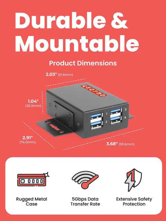 Alt view image 2 of 7 - Gearmo 4-Port Slim USB Hub - 5Gbps Speed, Type-A Ports, Surge Protection, Flexible Mounting Options and Sleek Low Profile Design for Workstations & More