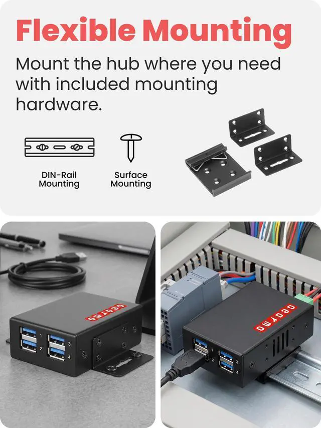 Alt view image 5 of 7 - Gearmo 4-Port Slim USB Hub - 5Gbps Speed, Type-A Ports, Surge Protection, Flexible Mounting Options and Sleek Low Profile Design for Workstations & More