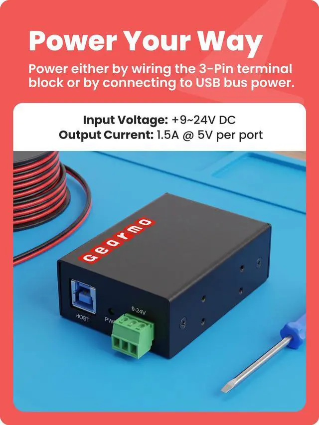 Alt view image 4 of 7 - Gearmo 4-Port Slim USB Hub - 5Gbps Speed, Type-A Ports, Surge Protection, Flexible Mounting Options and Sleek Low Profile Design for Workstations & More