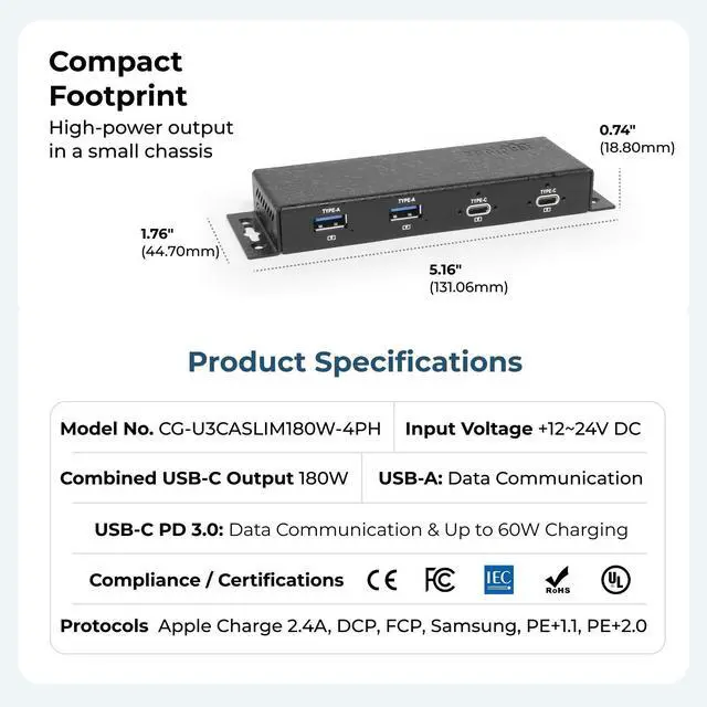 Alt view image 6 of 7 - Coolgear Slim Series 180W USB-C PD Hub, 3-Port USB-C 60W Charging + 2-Port USB-A, 12-24V DC Input, Compact Industrial USB Charging Hub