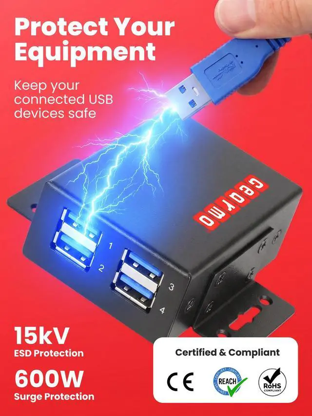 Alt view image 6 of 7 - Gearmo 4-Port Slim USB Hub - 5Gbps Speed, Type-A Ports, Surge Protection, Flexible Mounting Options and Sleek Low Profile Design for Workstations & More