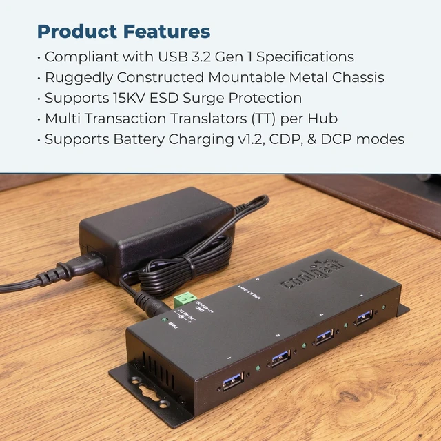Alt view image 5 of 7 - Coolgear USB 3.0 4-Port Industrial Hub, GL 3520 Chipset, Power Supply Included, 5 Gbps Speeds, Mountable, Supports MTT