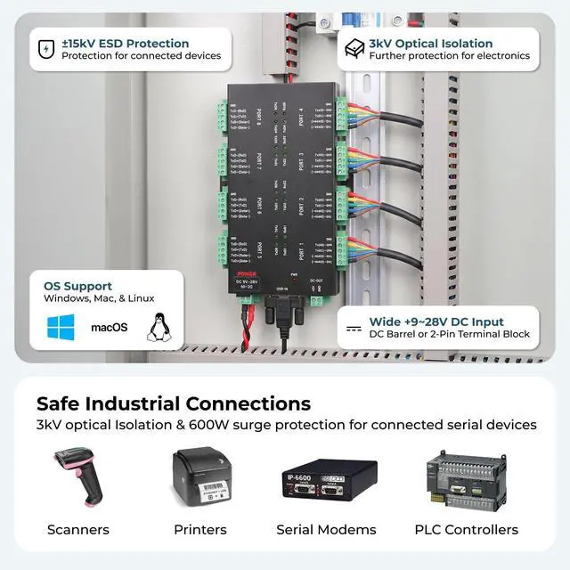 Alt view image 2 of 5 - Coolgear USB2 to 8-Port RS232-422-485 Serial TB Adapter Isolation | Surge