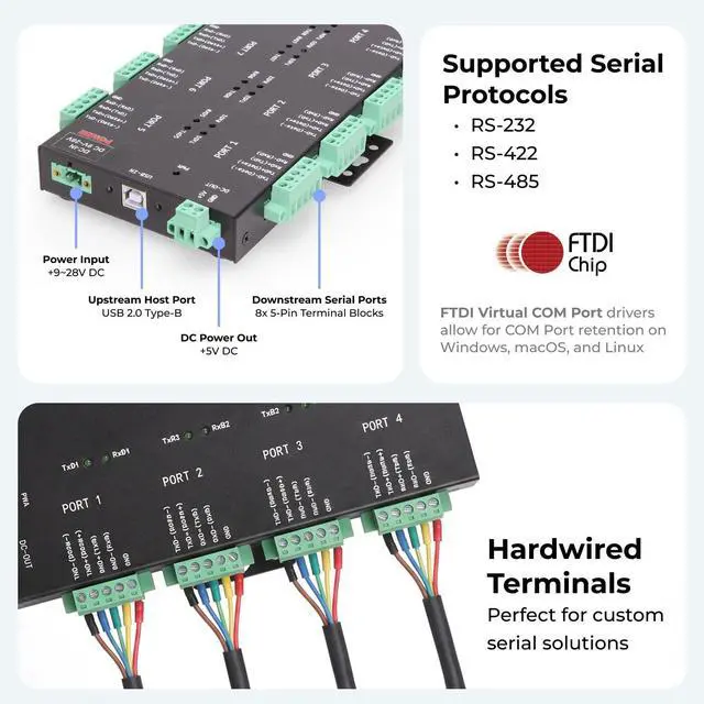 Alt view image 3 of 5 - Coolgear USB2 to 8-Port RS232-422-485 Serial TB Adapter Isolation | Surge