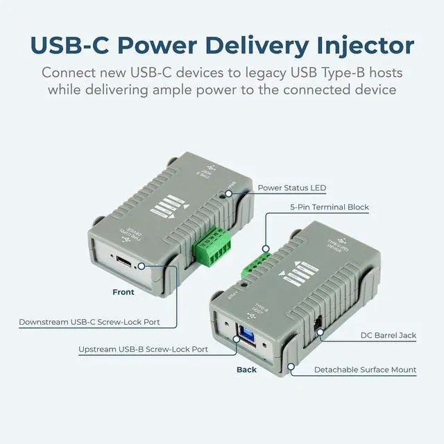 Alt view image 2 of 7 - Coolgear Power Delivery Injector USB Type-C PD 2.0 Gen1 and Gen2 Super Speed USB 3.1 B Host to USB 3.1 PD Device
