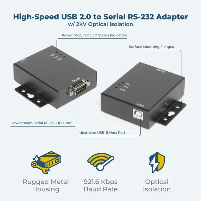 Alt view image 2 of 7 - Coolgear Industrial USB 2.0 to RS-232 Serial Adapter Optical Isolation