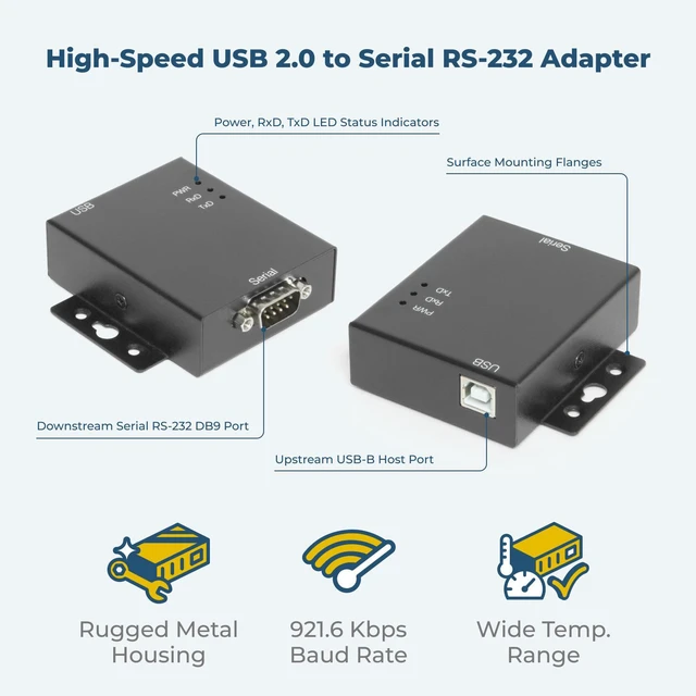 Alt view image 2 of 7 - Coolgear USB 2.0 to Serial High-Speed RS-232 Industrial Adapter Metal Case with Mounting Flanges