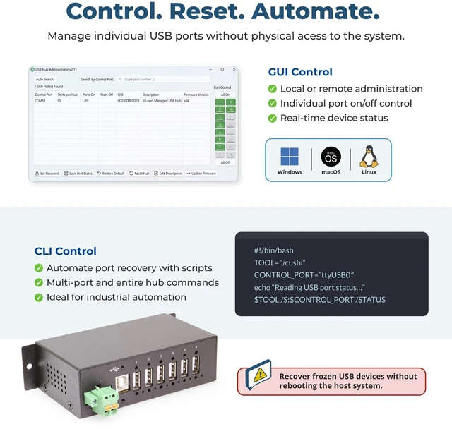Alt view image 3 of 6 - Coolgear 6 Port Managed USB 2.0 Hub with DIN-Rail Mount, Individual Port Control, and Surge Protection - CG-6PU2MGD