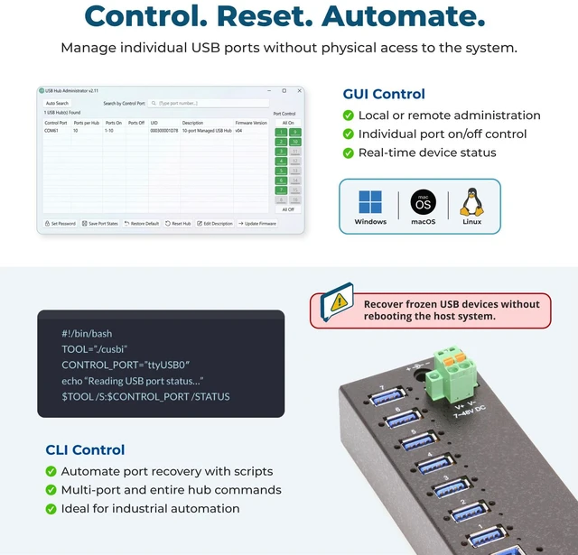 Alt view image 3 of 7 - Coolgear 7 Port Managed USB 3 Hub w/ 15KV ESD Surge Protection